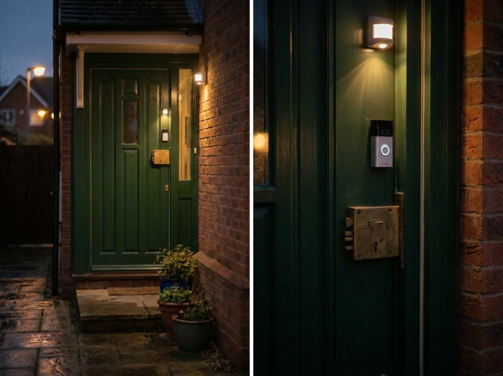 UK front door security setup — BS3621 lock, video doorbell and motion light