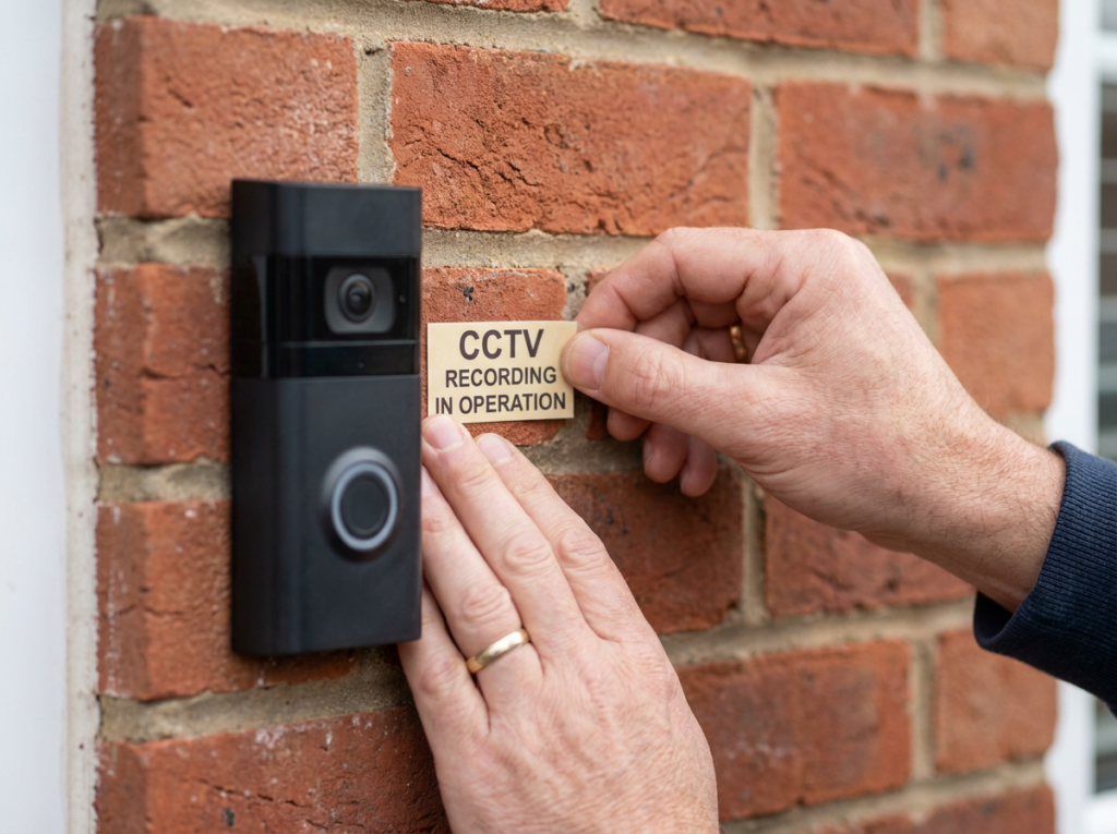 UK GDPR doorbell recording notice — legal requirement GDPR video doorbell UK — recording notice sticker on front door wall