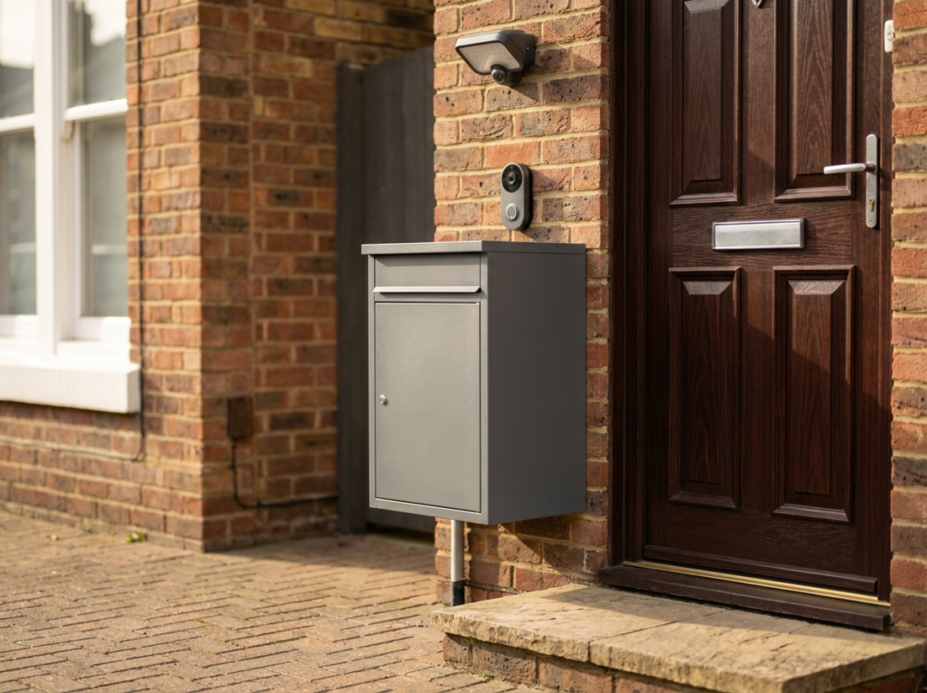 Secure parcel box and video doorbell on UK front door — parcel theft prevention