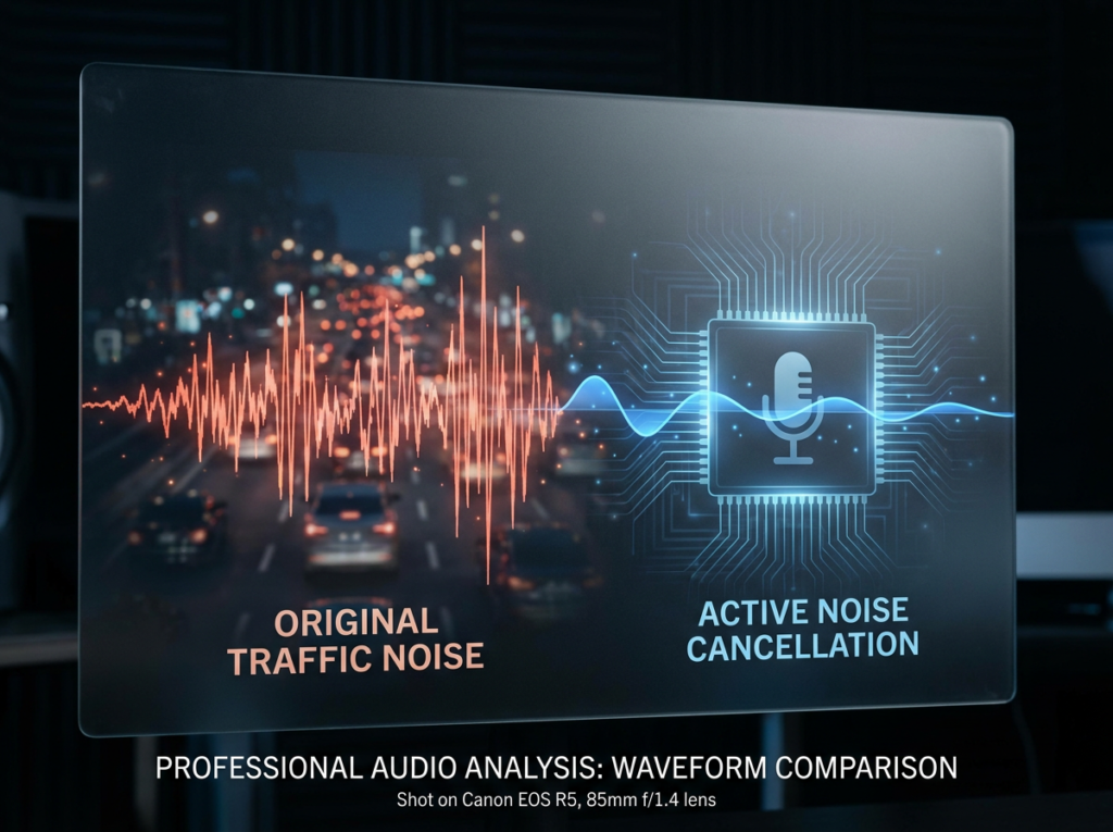 Video doorbell noise cancellation explained — before and after audio waveform comparison