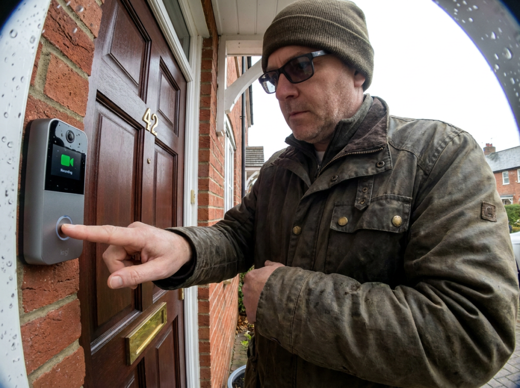 cold caller at UK front door — video doorbell screening unknown visitor