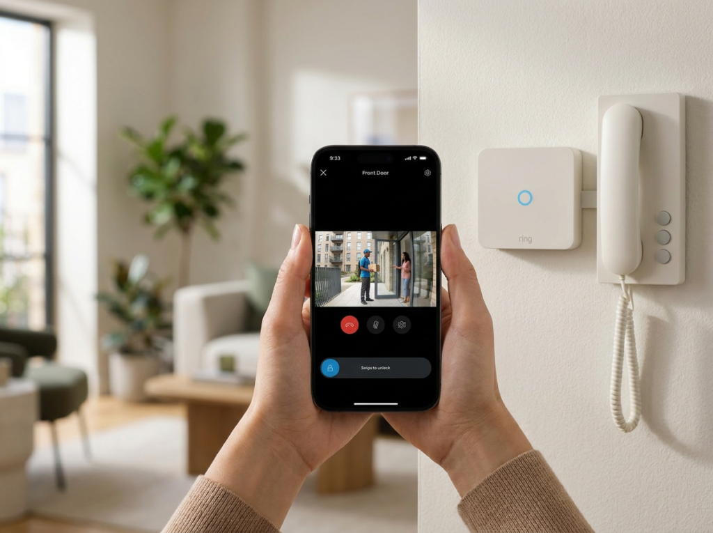 ring intercom app uk — smartphone showing building entrance live view