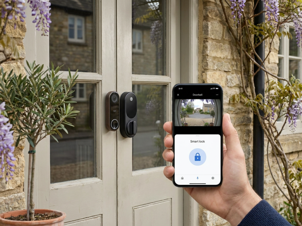 Video doorbell and smart lock integration — Google Home app controlling Nest doorbell and smart lock