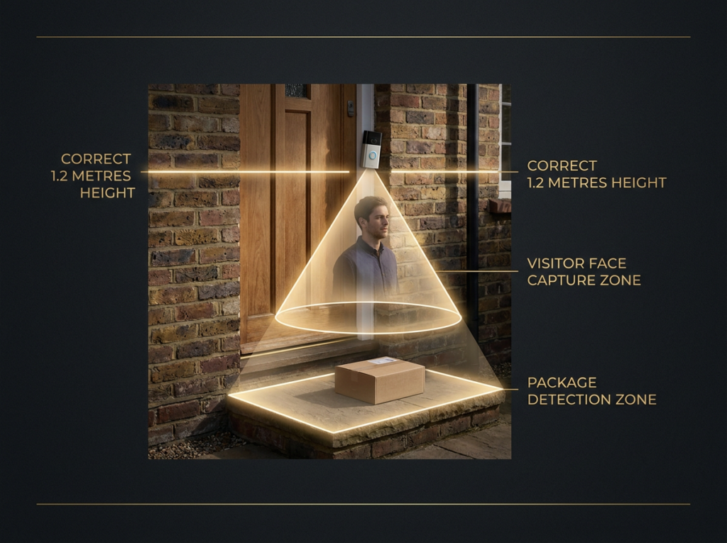 Video doorbell mounting angle diagram — face capture and package detection zones