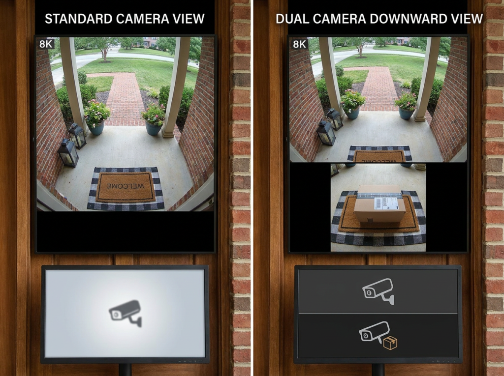 Dual camera vs single camera doorbell parcel delivery UK Video doorbell parcel delivery UK — standard camera vs dual camera doorstep view comparison