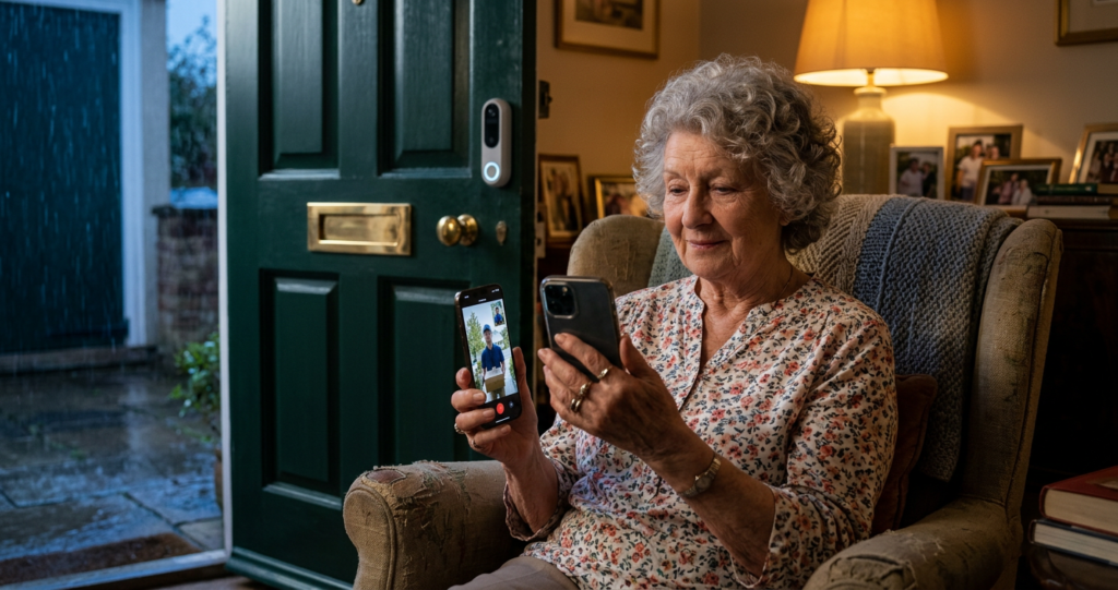 best video doorbell for elderly uk — woman answering door on smartphone