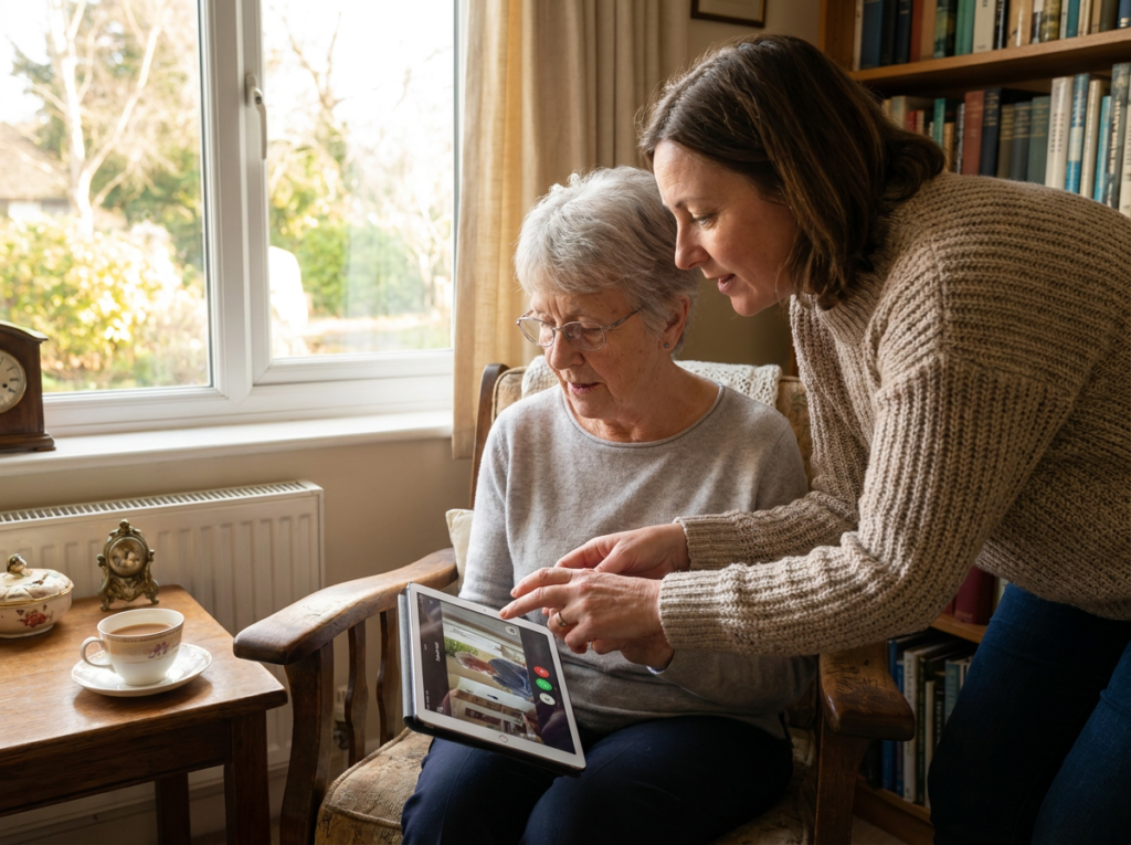 family setting up video doorbell for elderly parent UK